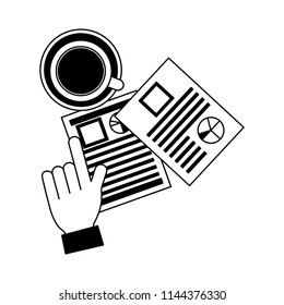 hand with documents files and cup coffee isolated icon