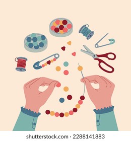 Hand doing beading process. Creative workshop for kids. Handmade classes. Hand drawn vector illustration isolated on light background. Flat cartoon style.