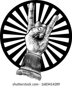A hand doing a heavy metal rock music sign gesture in a vintage woodcut retro style