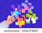 Hand doing jigsaw puzzle with people. Effective team building and management. Leadership concept. Employees assemble a puzzle symbolizing parts of an effective workflow. Teamwork vector illustration.