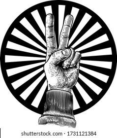 Una mano haciendo un hippy de paz o una señal de victoria con dos dedos elevados