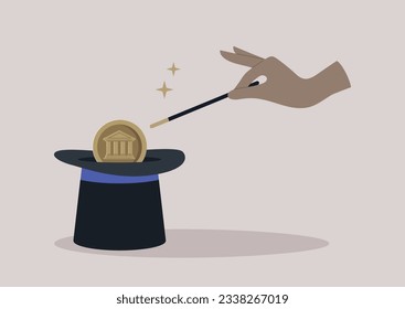 A hand doing a trick with a magic wand, a cylinder hat, and a disappearing coin