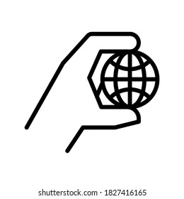 Hand dolding world icon. Line vector. Isolate on white background.