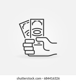 Hand with dollar banknotes icon. Vector payment and money concept symbol or design element in thin line style