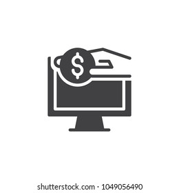 Hand with dollar coin and computer monitor vector icon. filled flat sign for mobile concept and web design. Online payment simple solid icon. Symbol, logo illustration