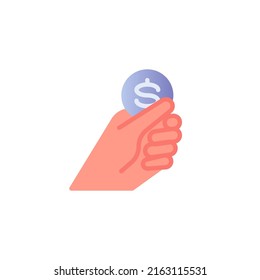 Mano con icono plano de moneda de dólar, signo vectorial, mano sujetando el dinero colorido pictograma aislado en blanco. Símbolo de pago, ilustración del logotipo. Diseño de estilo plano