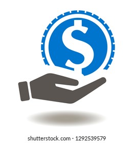 Hand dollar coin icon vector. Give money cash logo. Economy finance symbol.