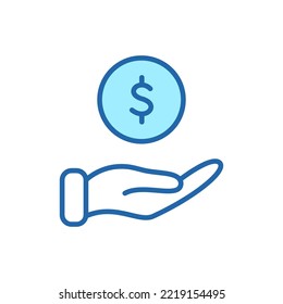 Hand with Dollar Coin line icon. Charity and Donation Concept. Financial Help for Needy. Sponsorship Supporter Linear Icon. Editable Stroke. Vector illustration.