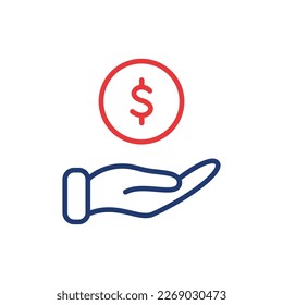 Hand with Dollar Coin line icon. Charity and Donation Concept. Financial Help for Needy. Sponsorship Supporter Linear Icon. Editable Stroke. Vector illustration.
