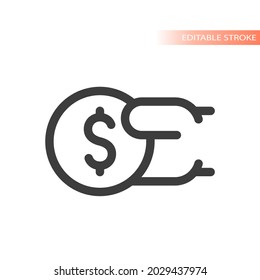 Hand and dollar coin line vector icon. Pay or payment outline symbol, editable stroke.