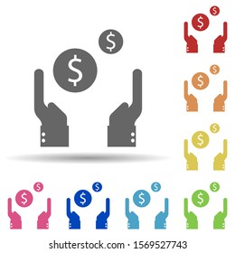 Hand, dollar, coin in multi color style icon. Simple glyph, flat vector of business icons for ui and ux, website or mobile application