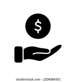 Hand With Dollar Coin Silhouette Icon. Charity And Donation Concept. Financial Help For Needy. Sponsorship Supporter Black Icon. Vector Illustration.