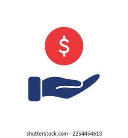 Hand with Dollar Coin Silhouette icon. Charity and Donation Concept. Financial Help for Needy. Sponsorship Supporter Icon. Vector illustration.