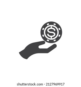 Mano con icono vectorial de moneda en dólares. signo plano relleno para concepto móvil y diseño web. Icono de glifo de chip de mano y casino. Símbolo, ilustración del logotipo. Gráficos vectoriales