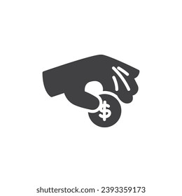 Hand with dollar coin vector icon. filled flat sign for mobile concept and web design. Money expenses glyph icon. Symbol, logo illustration. Vector graphics