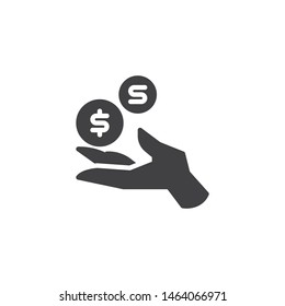Hand with dollar coins vector icon. filled flat sign for mobile concept and web design. Hand with money glyph icon. Investment symbol, logo illustration. Vector graphics