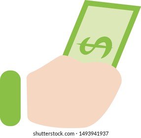 Hand with dollar, give money Icon, symbol, element. Vector graphic. Isolated on white. Flat style design.