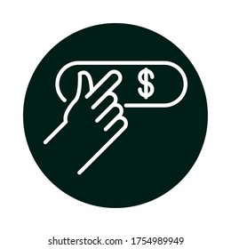 mano con el diseño de iconos de bloques de etiquetas en dólares y estilo de línea de comercio de compras y tema de mercado Ilustración vectorial