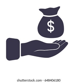 Hand with a dollar money bag flat vector icon