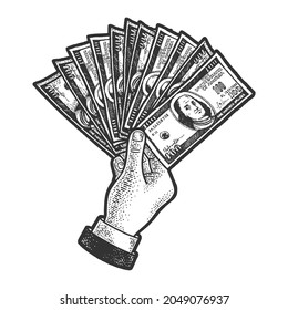 Hand with dollar money cash fan sketch engraving vector illustration. T-shirt apparel print design. Scratch board imitation. Black and white hand drawn image.