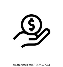 Hand and dollar sign outline isolated icon.