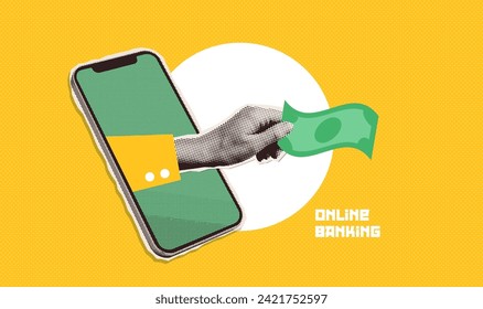 A hand with a dollar sticks out of the phone screen. Online banking halftone minimalistic collage. Digital currency, making money, shopping online, blockchain technology concepts. Vector illustration.