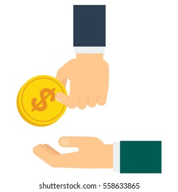Hand donate money. Charity, helping the needy and disadvantaged people. Empathy, understanding and mutual support. Flat vector cartoon illustration. Objects isolated on a white background.