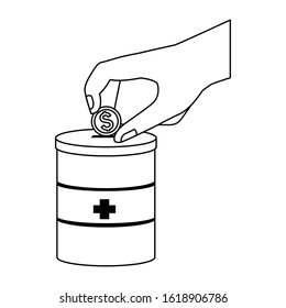 hand with donation tin over white background, vector illustration
