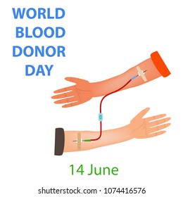 Hand of donor and recipient with a common dropper. World Blood Donor Day. Infographics. Vector illustration on isolated background.