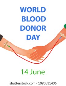 Hand of donor and recipient with a common dropper. World Blood Donor Day. Infographics. Vector illustration on isolated background.