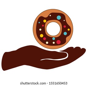 Hand and donut isolated on a white background. Donut logo concept. Sweet sugar icing donuts. Break time with donut top view