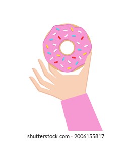 Hand with donut isolated on white. Flat cartoon style. Vector illustration
