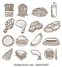 hand doodle drawing junk food icon set