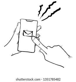 hand doodle holding and playing smartphone illustration line art style