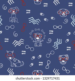 Hand doodle seamless pattern with dogs, goggles and abstract elements. Vector textile, wrapping, print fabric, background. Cute surface design, vector illustration