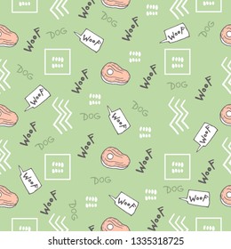 Hand doodle seamless pattern with steak, dogs woof and abstract elements. Vector textile, wrapping, print fabric, background. Cute surface design, vector illustration