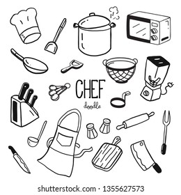 Estilos de doodle manuales para artículos del chef. Chef de Doodle.