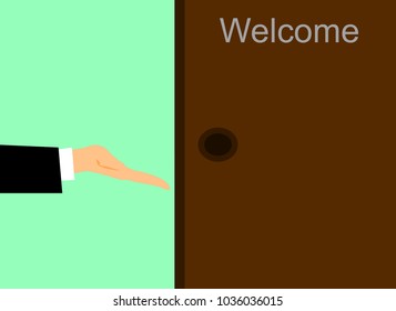 A Hand and a door with the word welcome