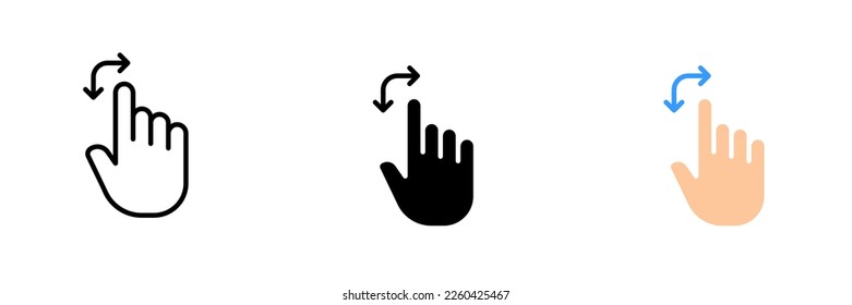 Hand with double arrow. Control gestures, touch screen, settings, swipe, tap, click, scroll. Vector set icon in line, black and colorful styles isolated on white background