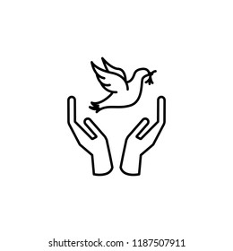 hand and dove with branch icon. Element of peace icon for mobile concept and web apps. Thin line hand and dove with branch icon can be used for web and mobile