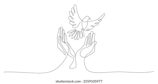 Hand with dove flying, Praying hands and white dove flying, hands releasing doves into the sky