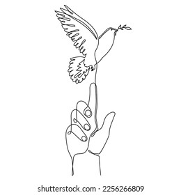 Hand with dove of peace and olive branch, one line art continuous contour. Hand drawn palm with pigeon,doodle hope bird sign of freedom and independence.Editable stroke.Isolated.Vector illustration