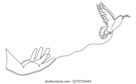 Hand mit Taube von Ruhe und Olivenzweig, eine Linie Kunst durchgängige Kontur. Handgezeichnete Palme mit Taube, doodle hoffe Vogel Zeichen von Freiheit und Unabhängigkeit.Bearbeitbarer Schlaganfall.Einzelne.Vektorgrafik