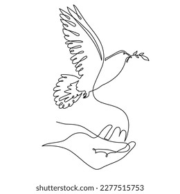 Hand with dove of peace and olive branch, one line art continuous contour. Hand drawn palm with pigeon,doodle hope bird sign of freedom and independence.Editable stroke.Isolated.Vector illustration