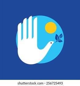 Hand as dove of peace with olive branch and sun. Vector illustration.