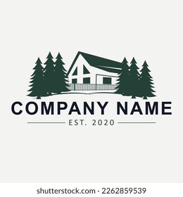 Hand draen house and trees logo design. Flat logo template. Luxury real estate logotype.