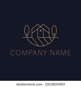 Hand draen house and trees logo design. Flat logo template. Luxury real estate logotype.