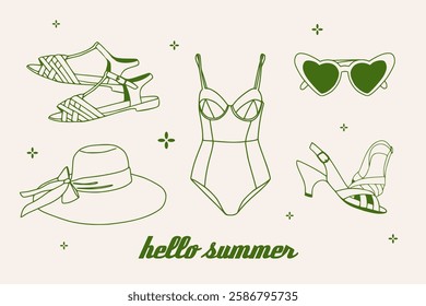 Hand draun outline minimalist summer fashion illustration: swimsuit, sandals, high heels, sun hat, sunglasses. Elegant line art card, banner with vintage retro vaction accessories and typography