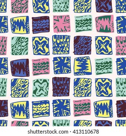 Hand draw abstract pattern of ceramic tiles. Patchwork seamless background.