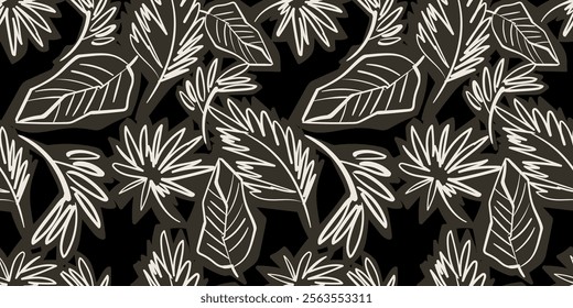 Hand draw abstract pattern. Seamless exotic leaves pattern design in vector